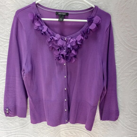 White House Black Market Purple Flower Applique Design 60s look Sweater T-384 LG - Picture 3 of 12